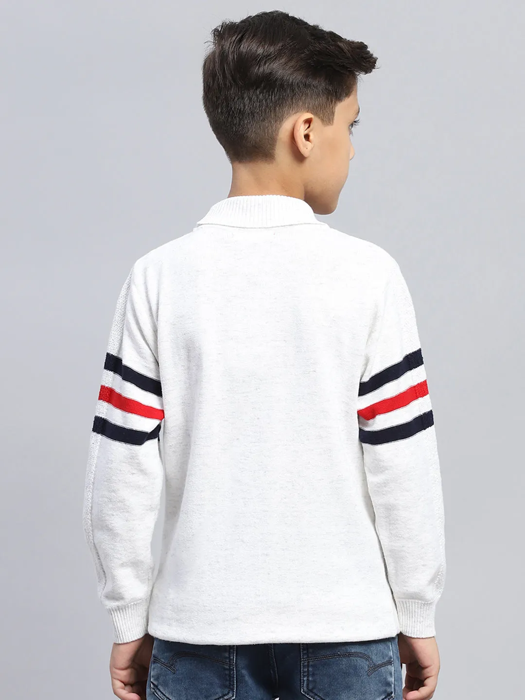 Boys White Self Design High Neck Full Sleeve Pullover