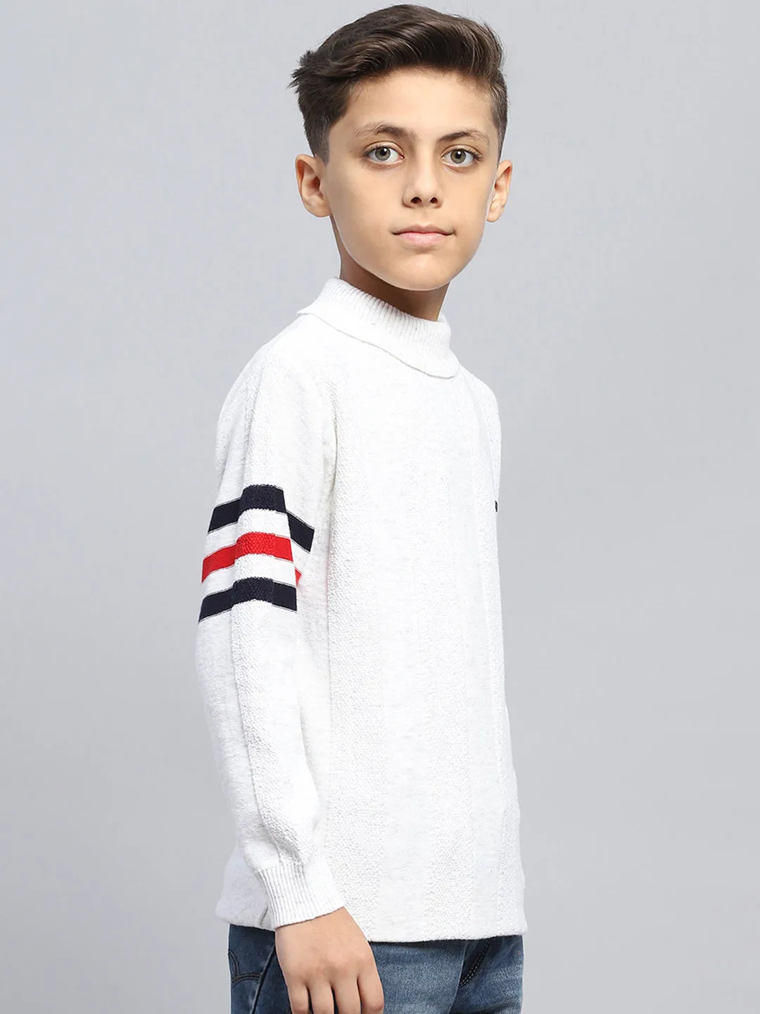 Boys White Self Design High Neck Full Sleeve Pullover