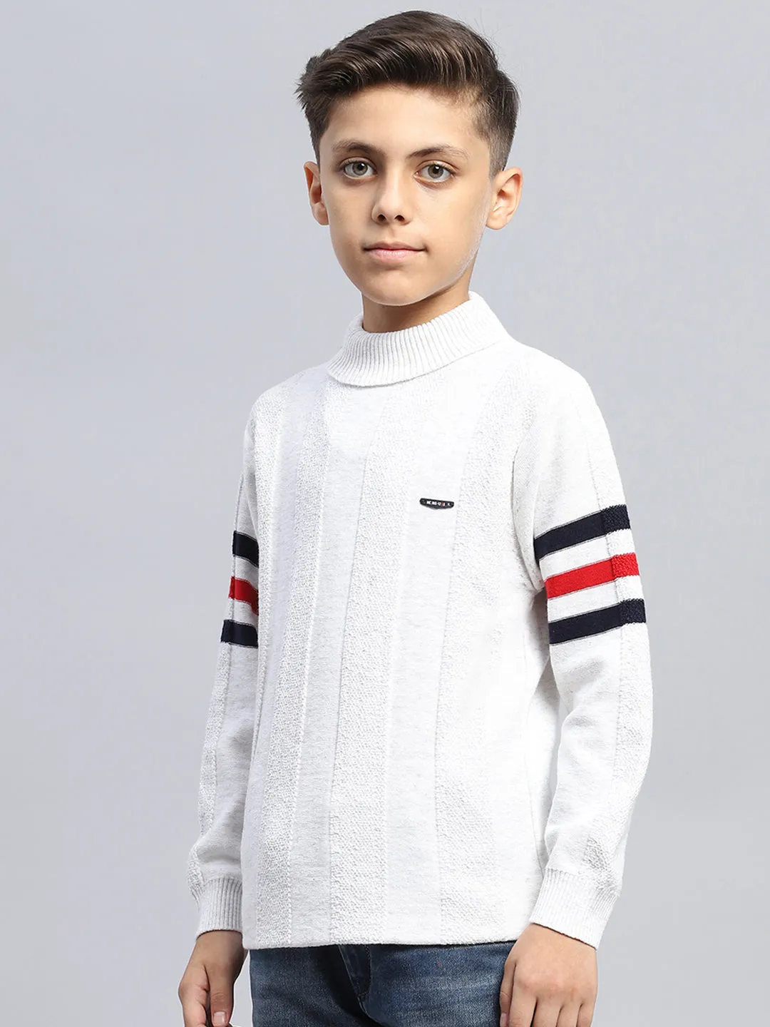 Boys White Self Design High Neck Full Sleeve Pullover