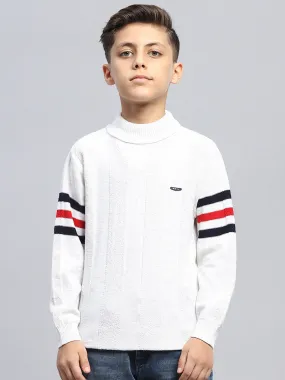 Boys White Self Design High Neck Full Sleeve Pullover