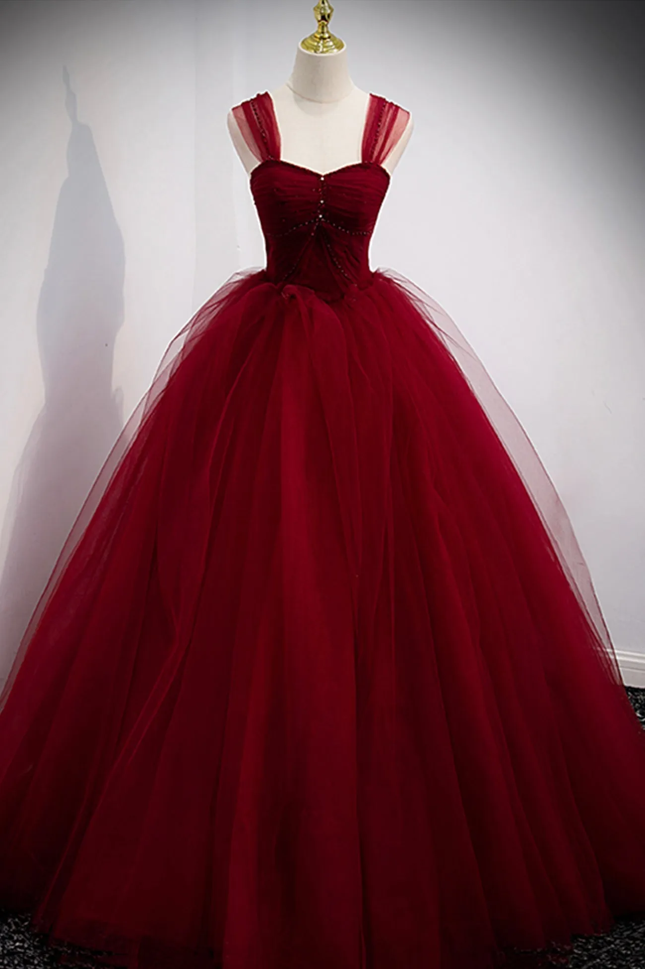 Burgundy Tulle Long A-Line Prom Dress, Burgundy Evening Party Dress