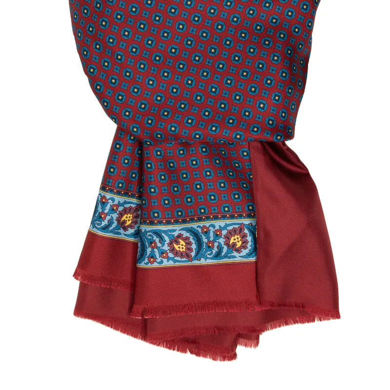 Burgundy with Blue Circle Pattern Silk Scarf