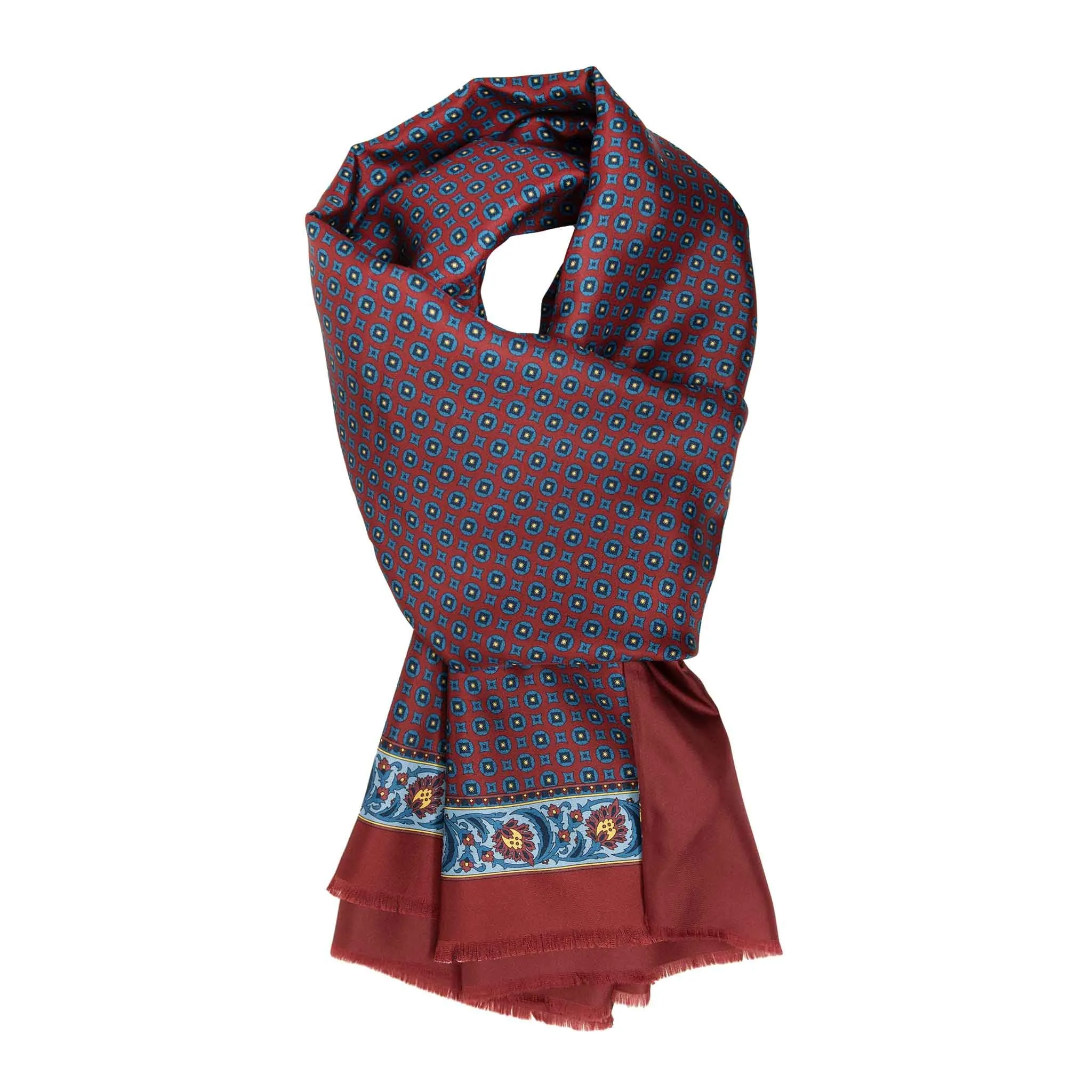 Burgundy with Blue Circle Pattern Silk Scarf