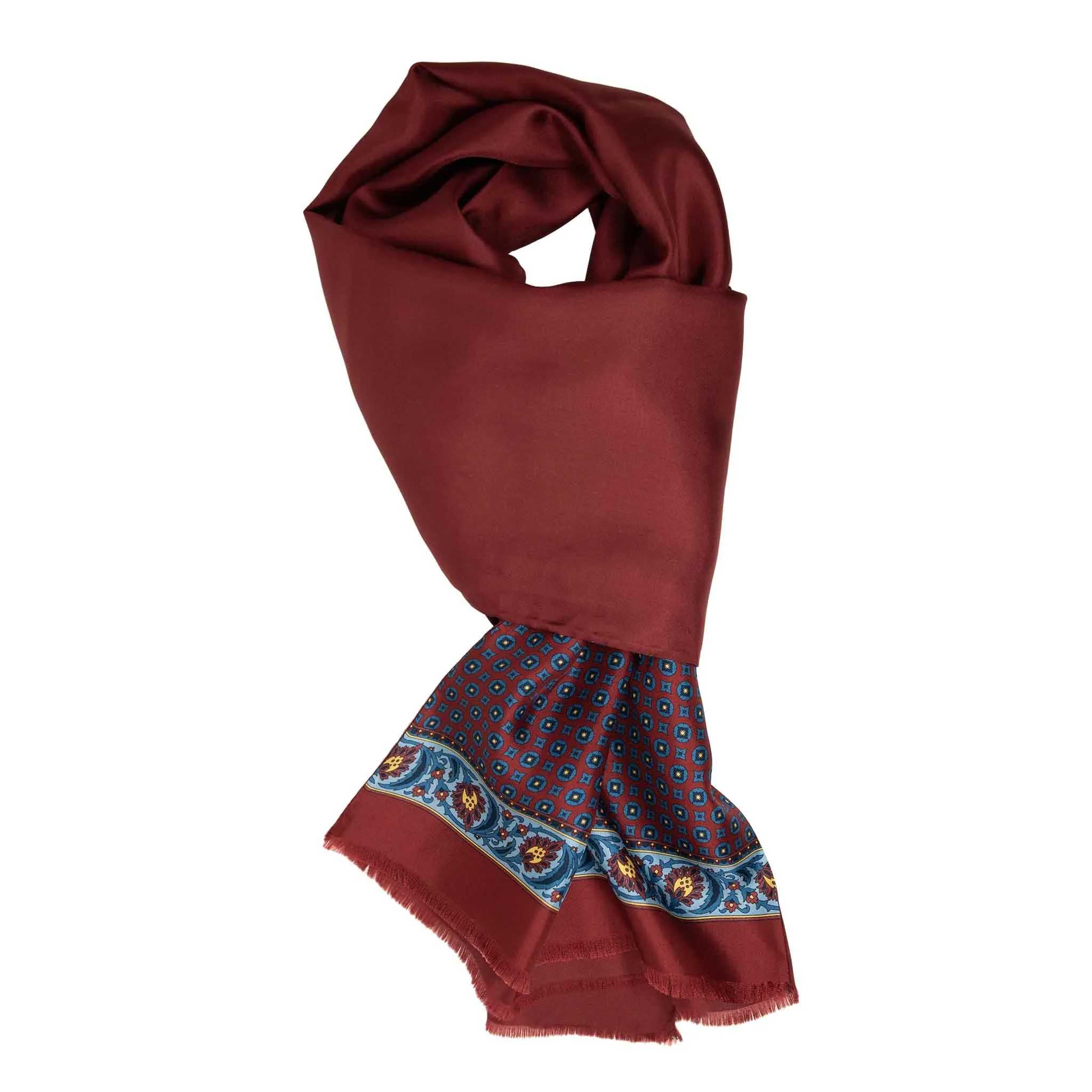 Burgundy with Blue Circle Pattern Silk Scarf