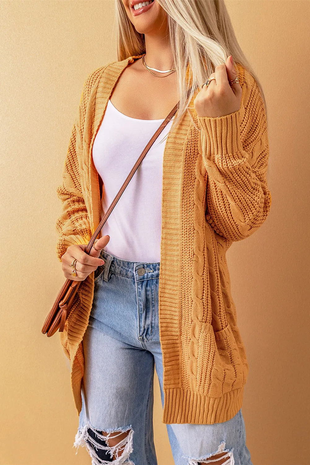 Cable Knit Pocketed Long Cardigan