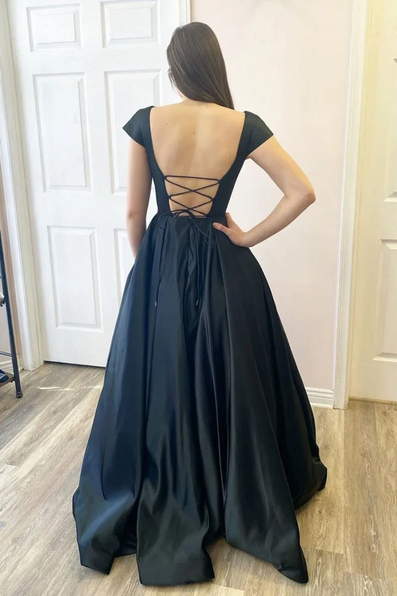 Cap Sleeves Open Back Black Satin Long Prom Dress with Pocket, Backless Black Formal Graduation Evening Dress