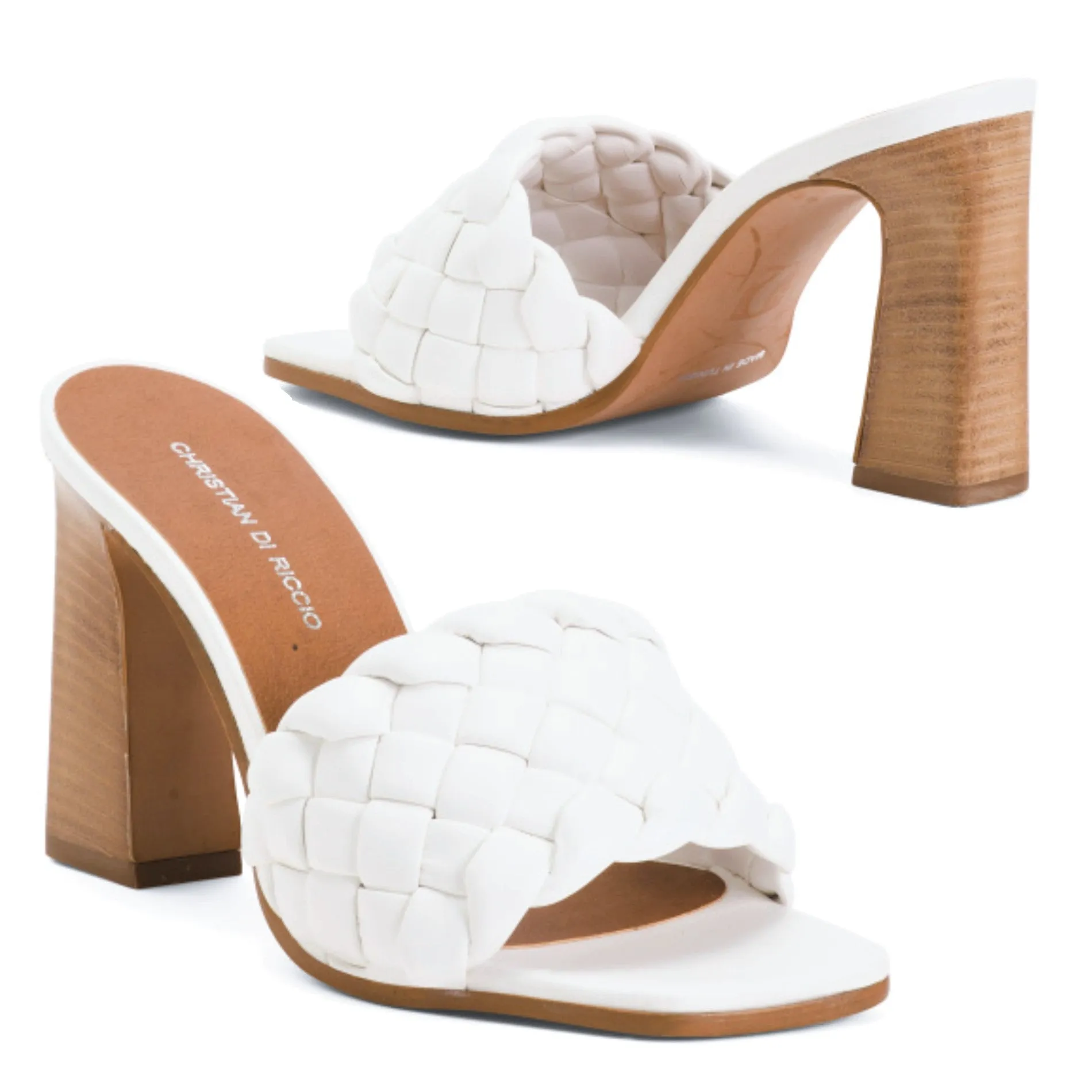 CHRISTIAN DI RICCIO White Braided Band Slip-on Sandals Heels