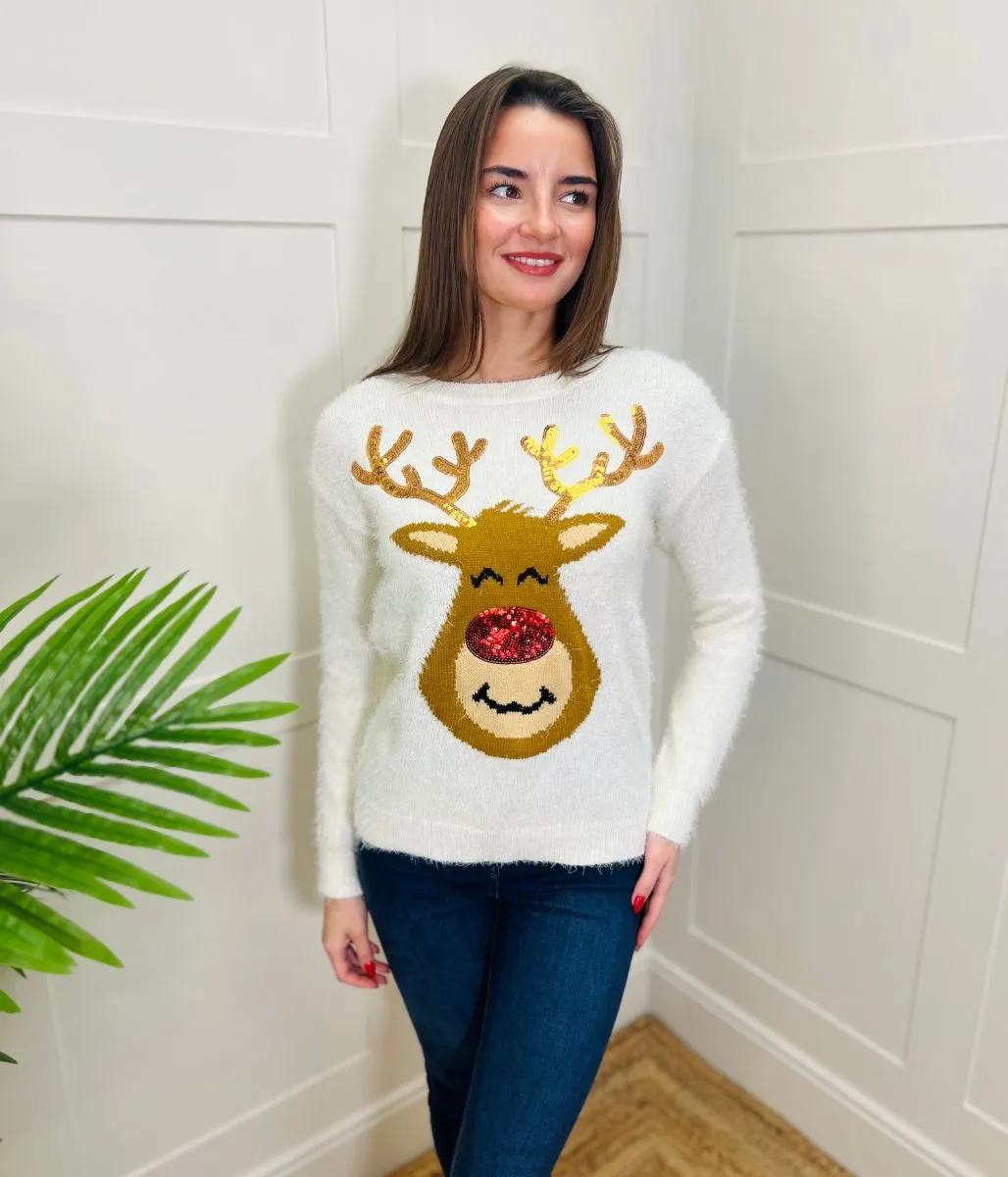 Christmas Jumper with an Ivory Sequin Reindeer