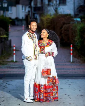 Crimson Splendor: Exquisite Patterned Habesha Couples' Attire