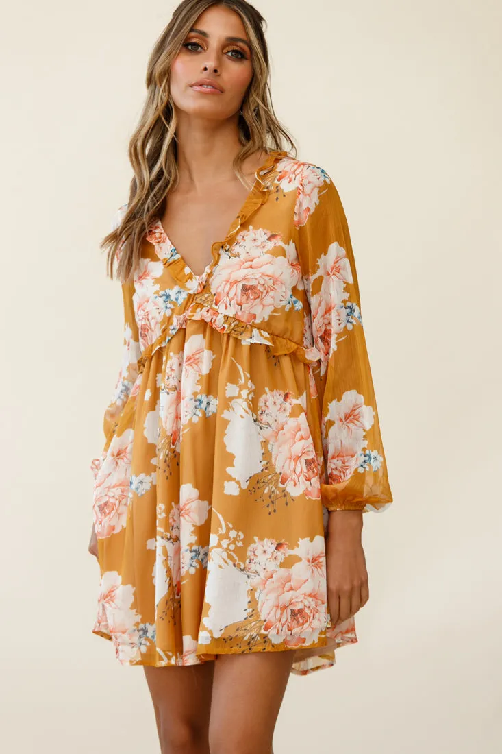 Cutie Pie Long Sleeve Babydoll Dress Rose Print Mustard