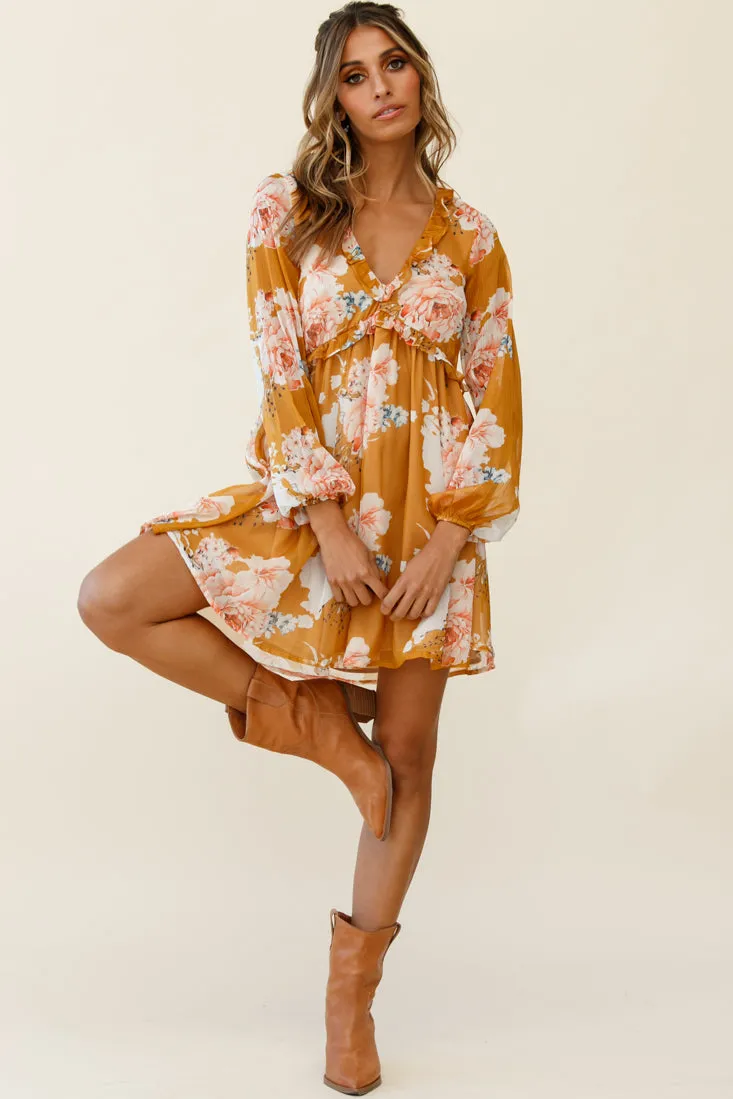 Cutie Pie Long Sleeve Babydoll Dress Rose Print Mustard