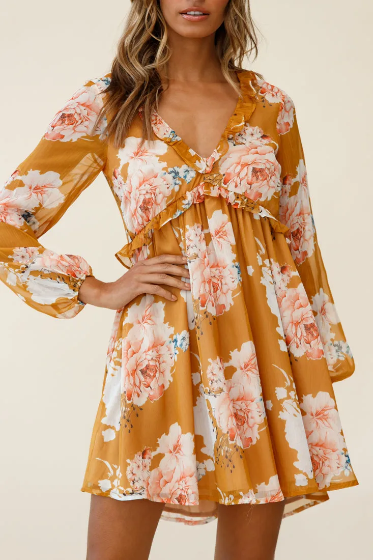 Cutie Pie Long Sleeve Babydoll Dress Rose Print Mustard