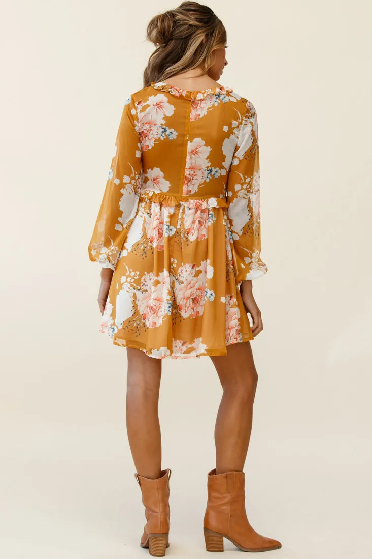 Cutie Pie Long Sleeve Babydoll Dress Rose Print Mustard