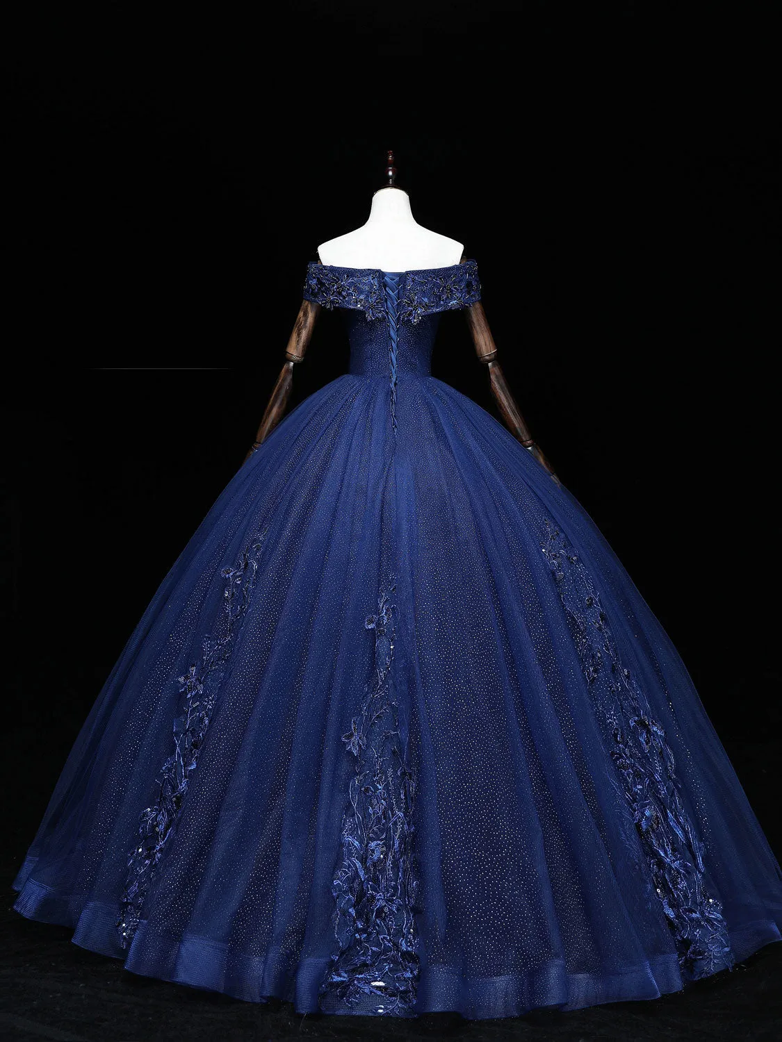 Dark Blue Off Shoulder Tulle Lace Long Prom Gown, Blue Sweet 16 Dress With Beading Sequin