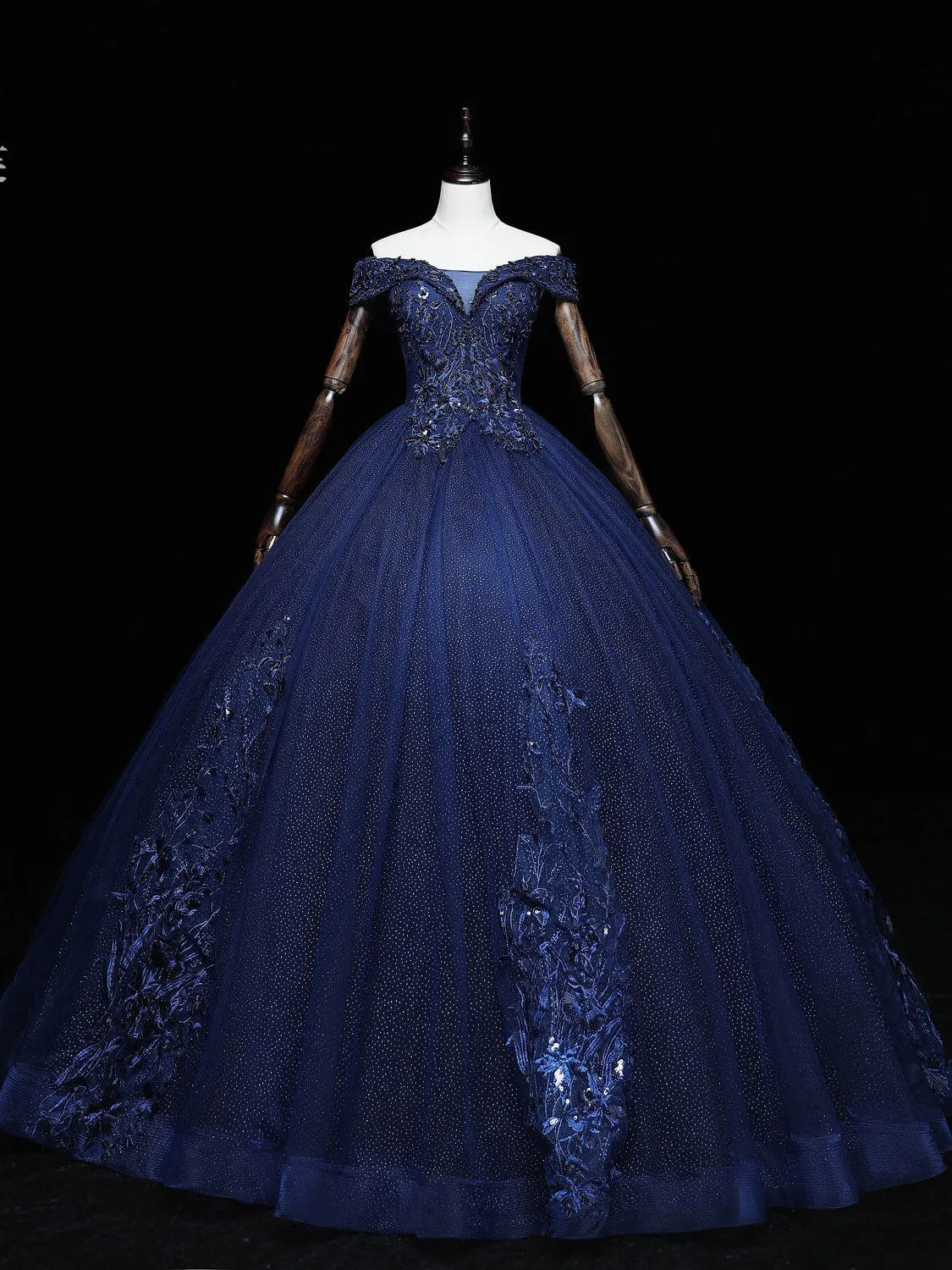 Dark Blue Off Shoulder Tulle Lace Long Prom Gown, Blue Sweet 16 Dress With Beading Sequin