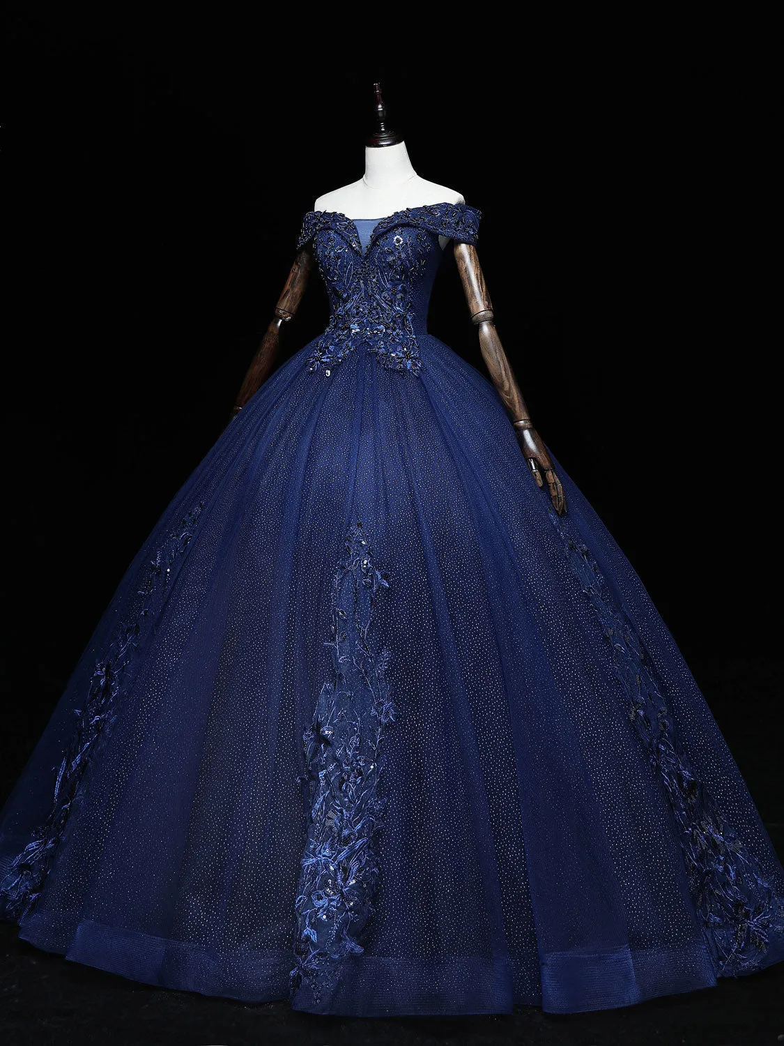 Dark Blue Off Shoulder Tulle Lace Long Prom Gown, Blue Sweet 16 Dress With Beading Sequin