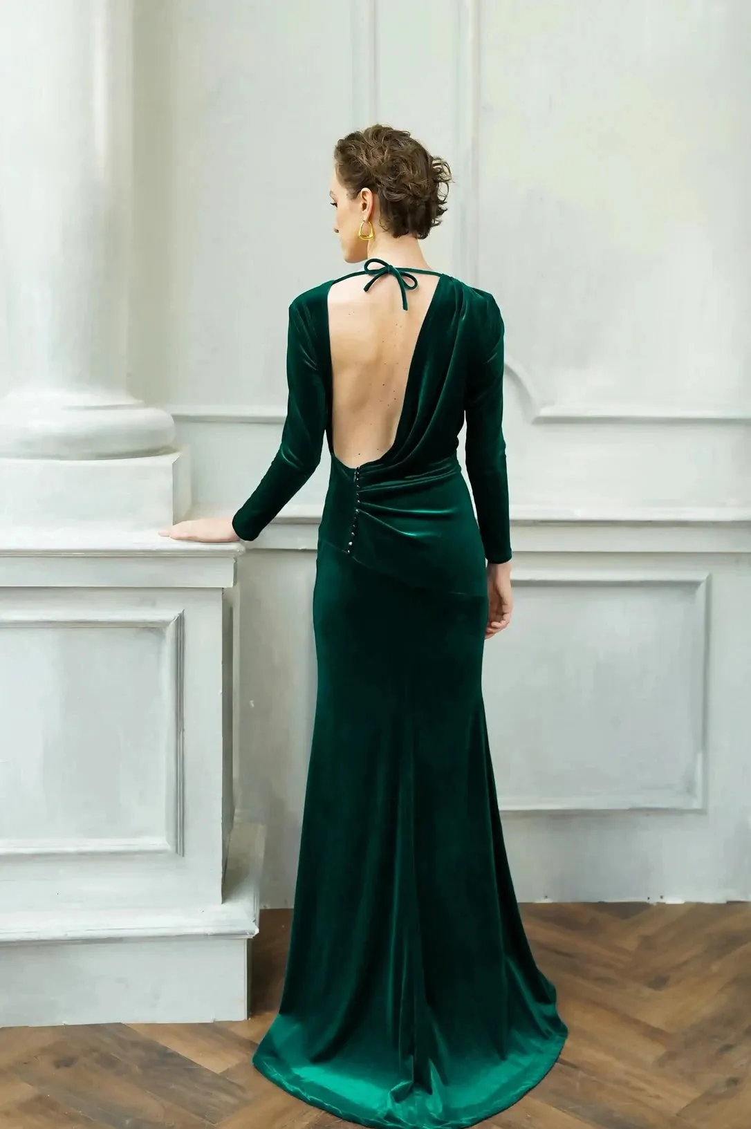 Dark Green Velvet Slip Dress Wedding Guest Dress Winter Velvet Long Sleeves Deep V-neck Evening Gown