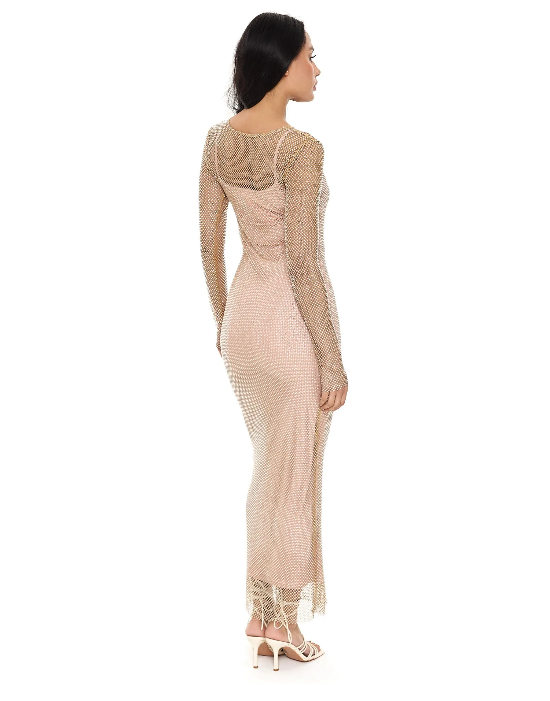 Diamante Long Sleeve Maxi Dress by Rare London - Cream