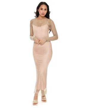 Diamante Long Sleeve Maxi Dress by Rare London - Cream