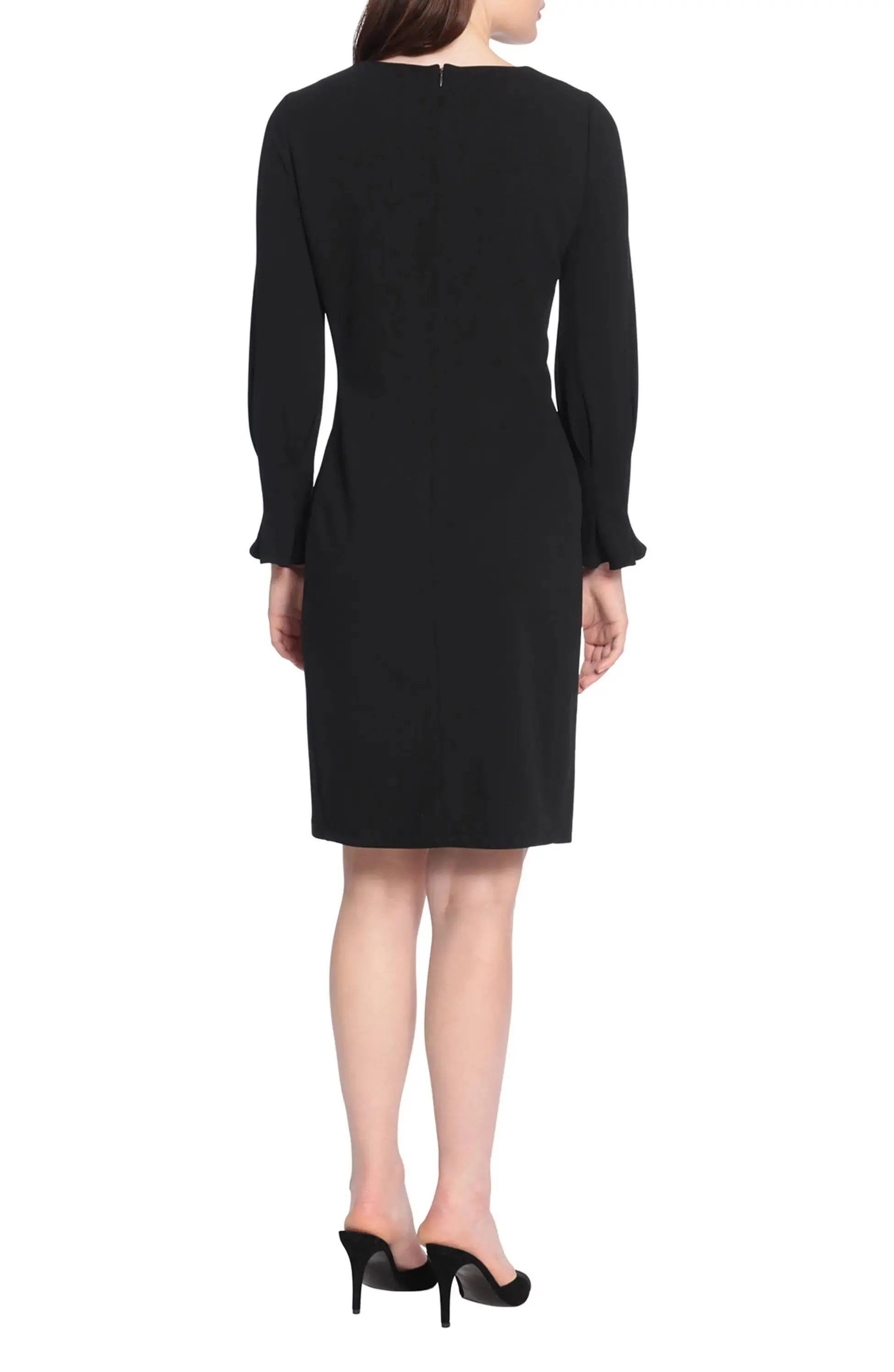 Donna Morgan Crew Neck Circular Flounce Sleeve Zipper Back Solid Crepe Dress