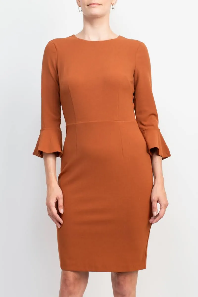 Donna Morgan Crew Neck Circular Flounce Sleeve Zipper Back Solid Crepe Dress