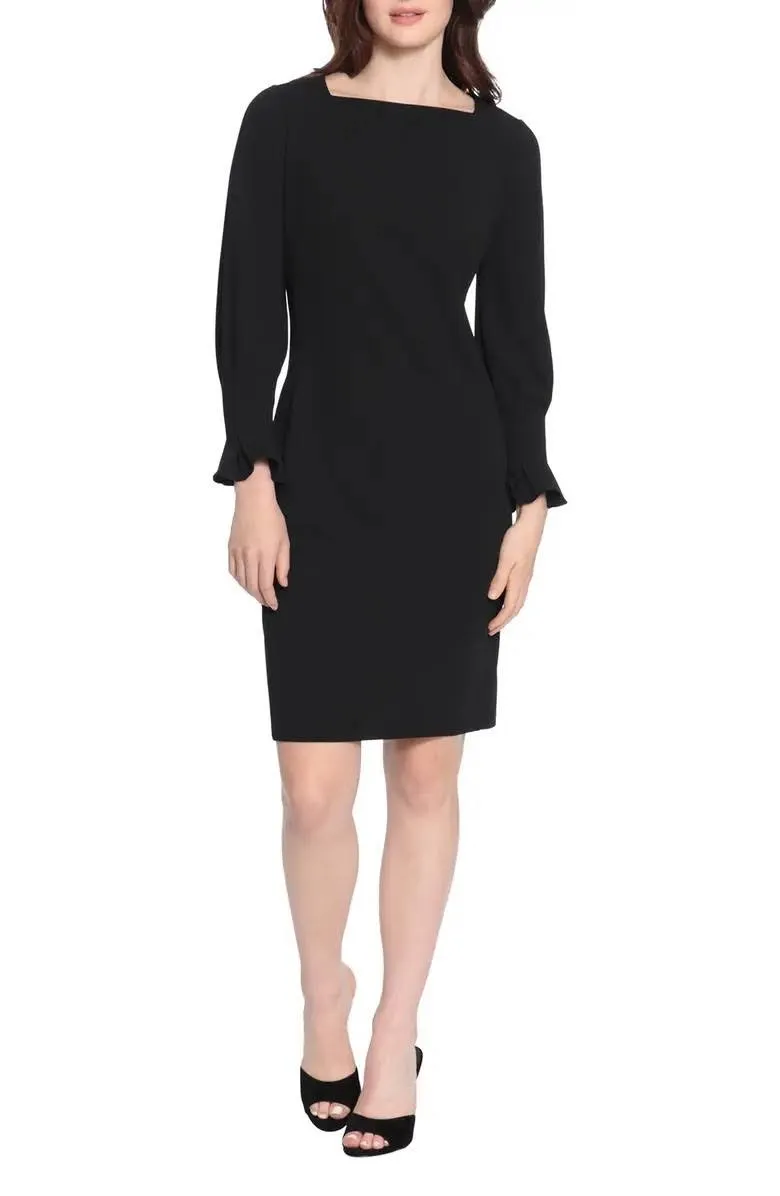 Donna Morgan Crew Neck Circular Flounce Sleeve Zipper Back Solid Crepe Dress