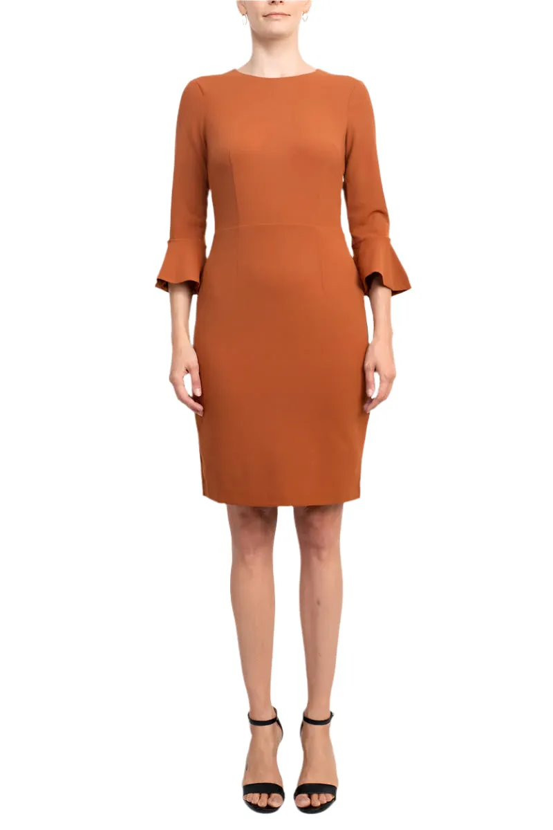 Donna Morgan Crew Neck Circular Flounce Sleeve Zipper Back Solid Crepe Dress