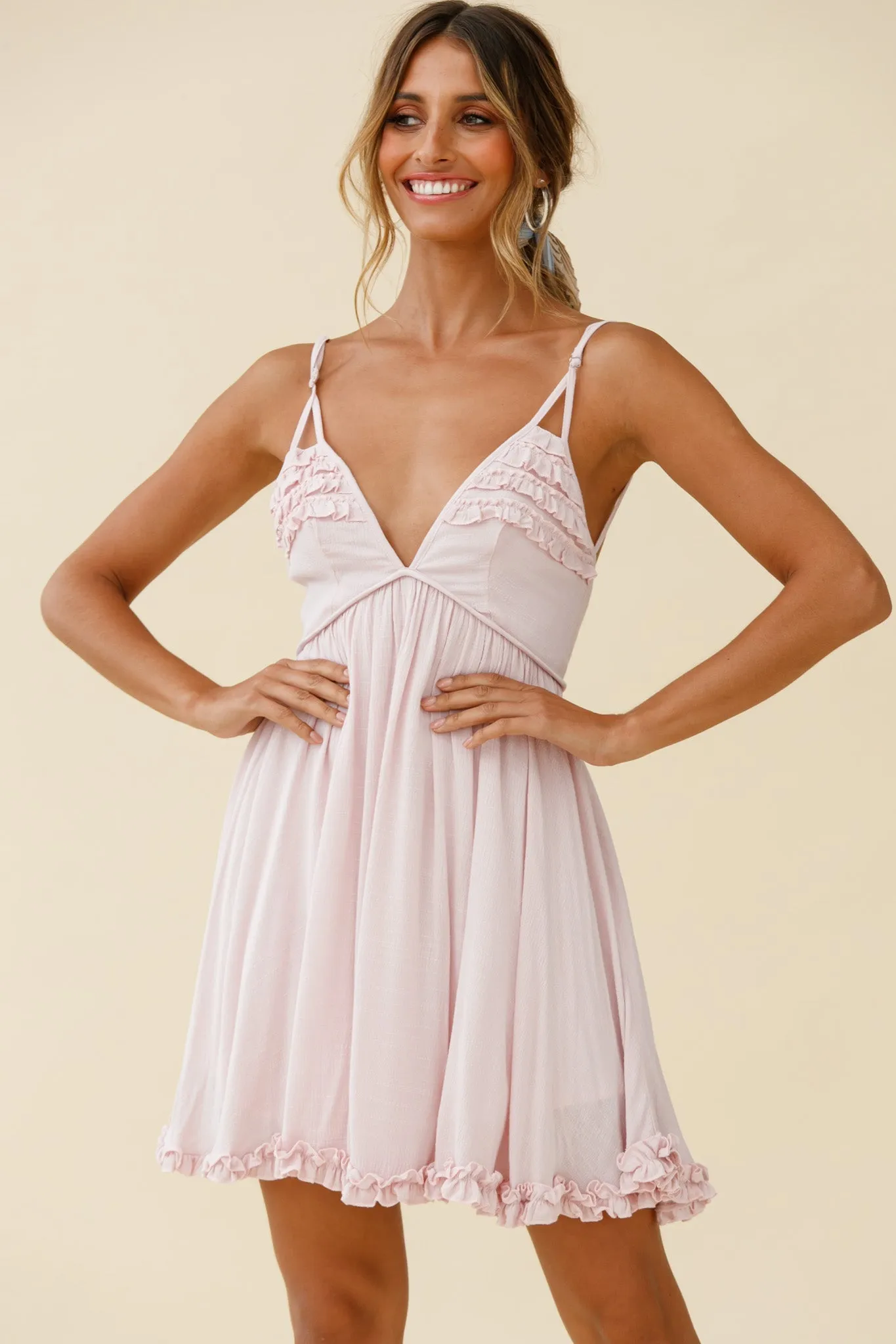 Dote On Me Frill Trim Strappy Back Babydoll Dress Baby Pink