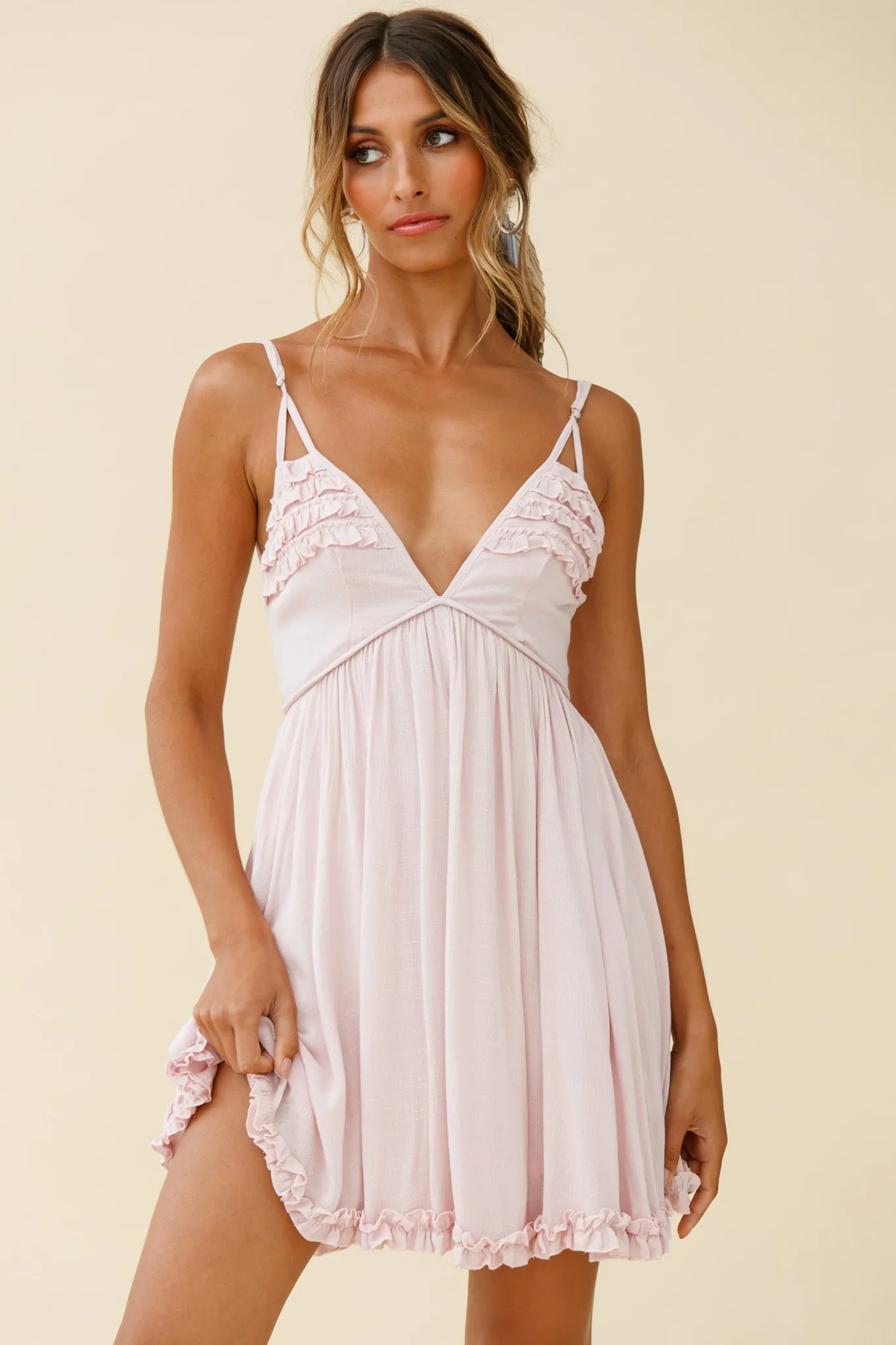 Dote On Me Frill Trim Strappy Back Babydoll Dress Baby Pink