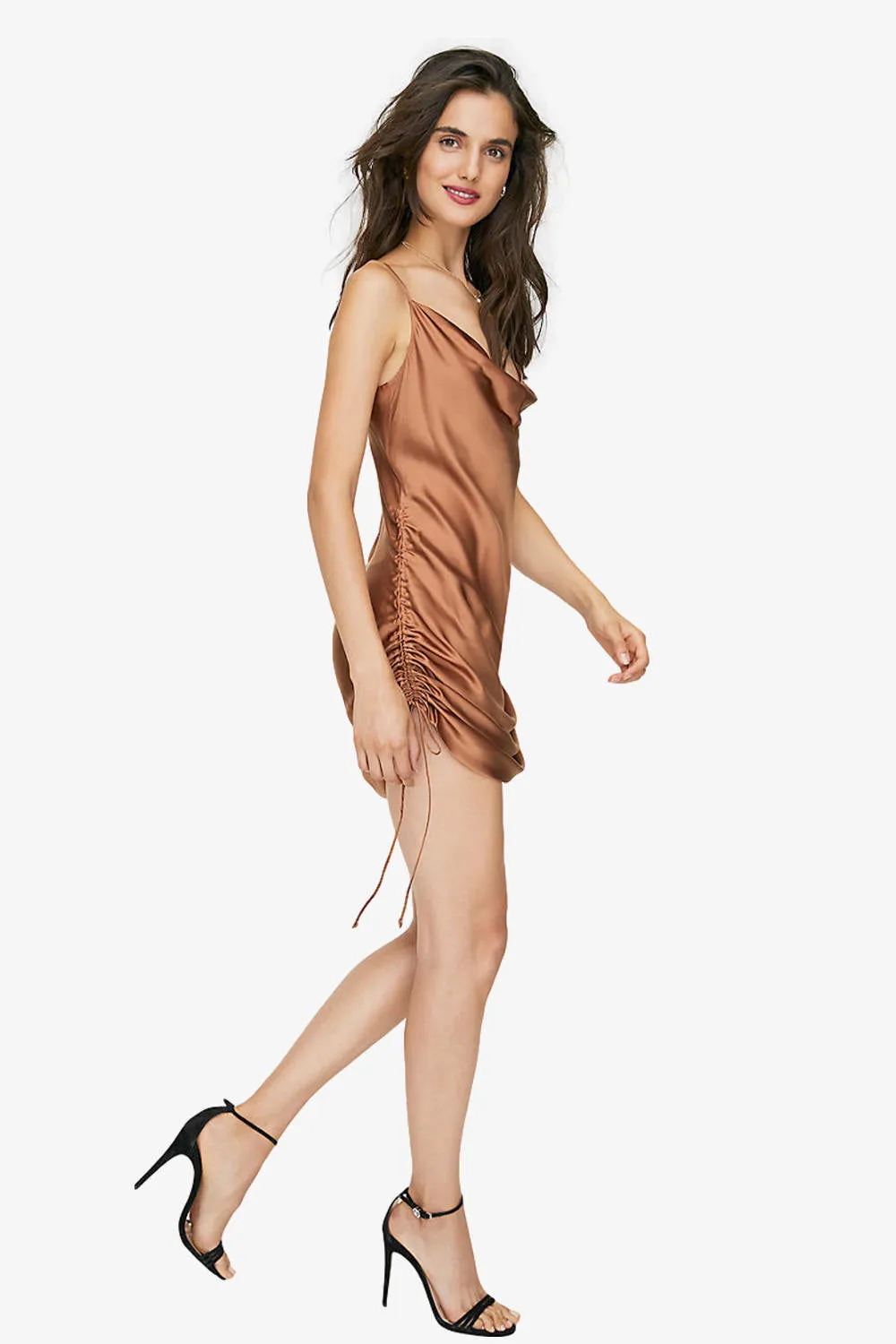 Drawstring Ruched Cowl-neck Slip Dress