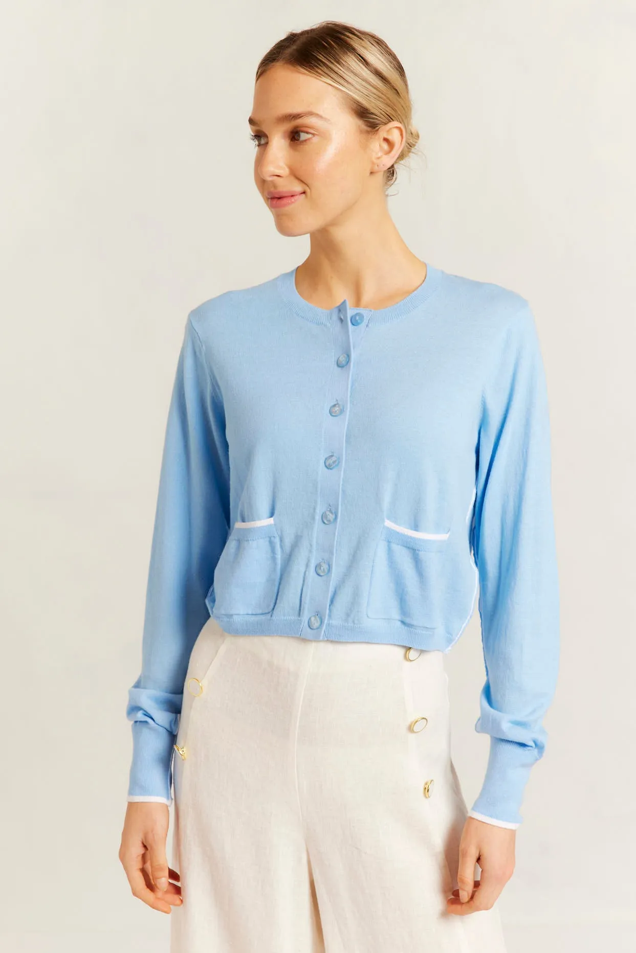 Drew Cotton Knit Cardi in Cornflower