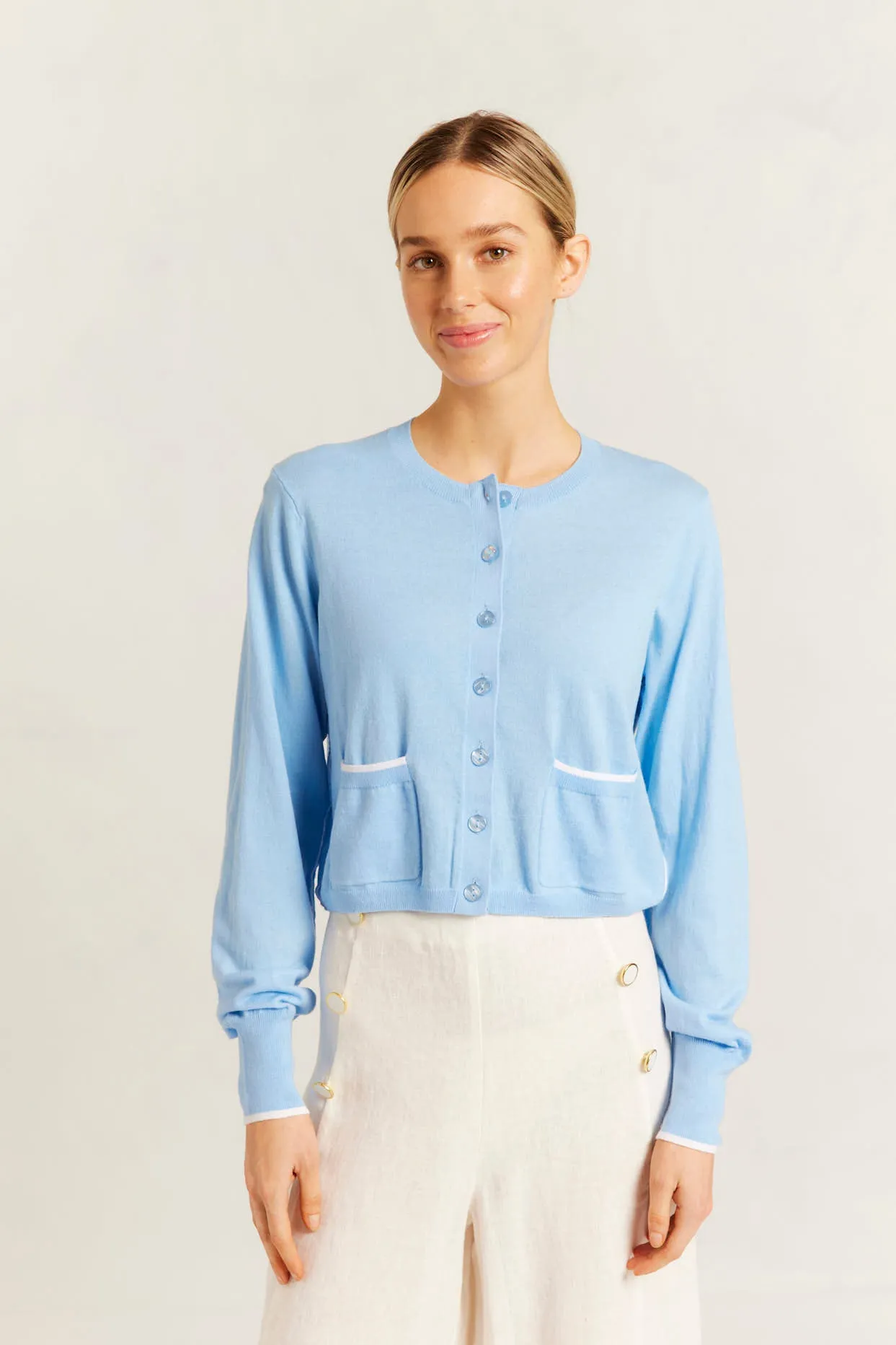 Drew Cotton Knit Cardi in Cornflower