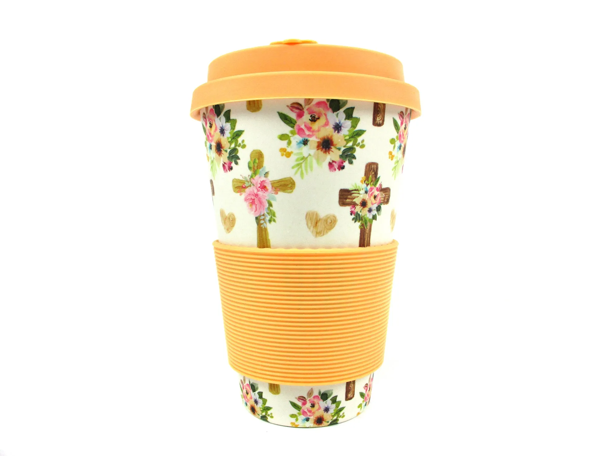 Eco-Friendly Reusable Plant Fiber 14 oz Travel Mug with Religious Floral Crosses Design