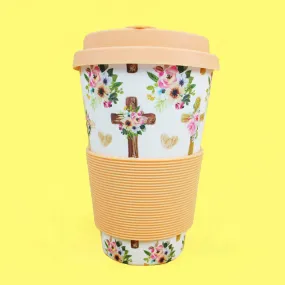 Eco-Friendly Reusable Plant Fiber 14 oz Travel Mug with Religious Floral Crosses Design