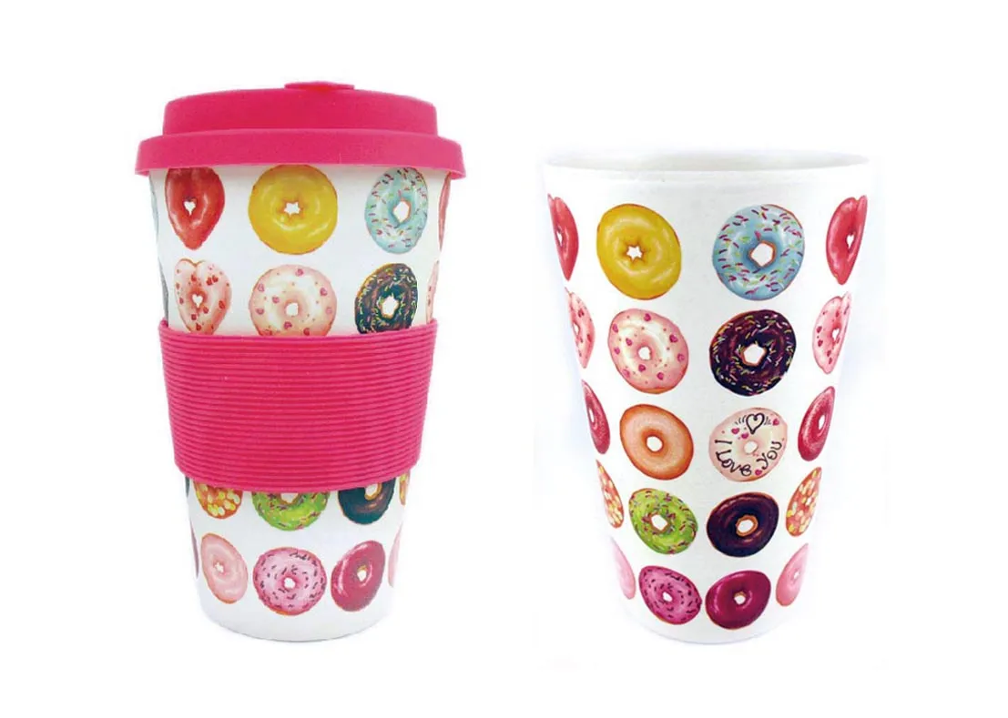 Eco-Friendly Reusable Plant Fiber Travel Mug with Donuts Design