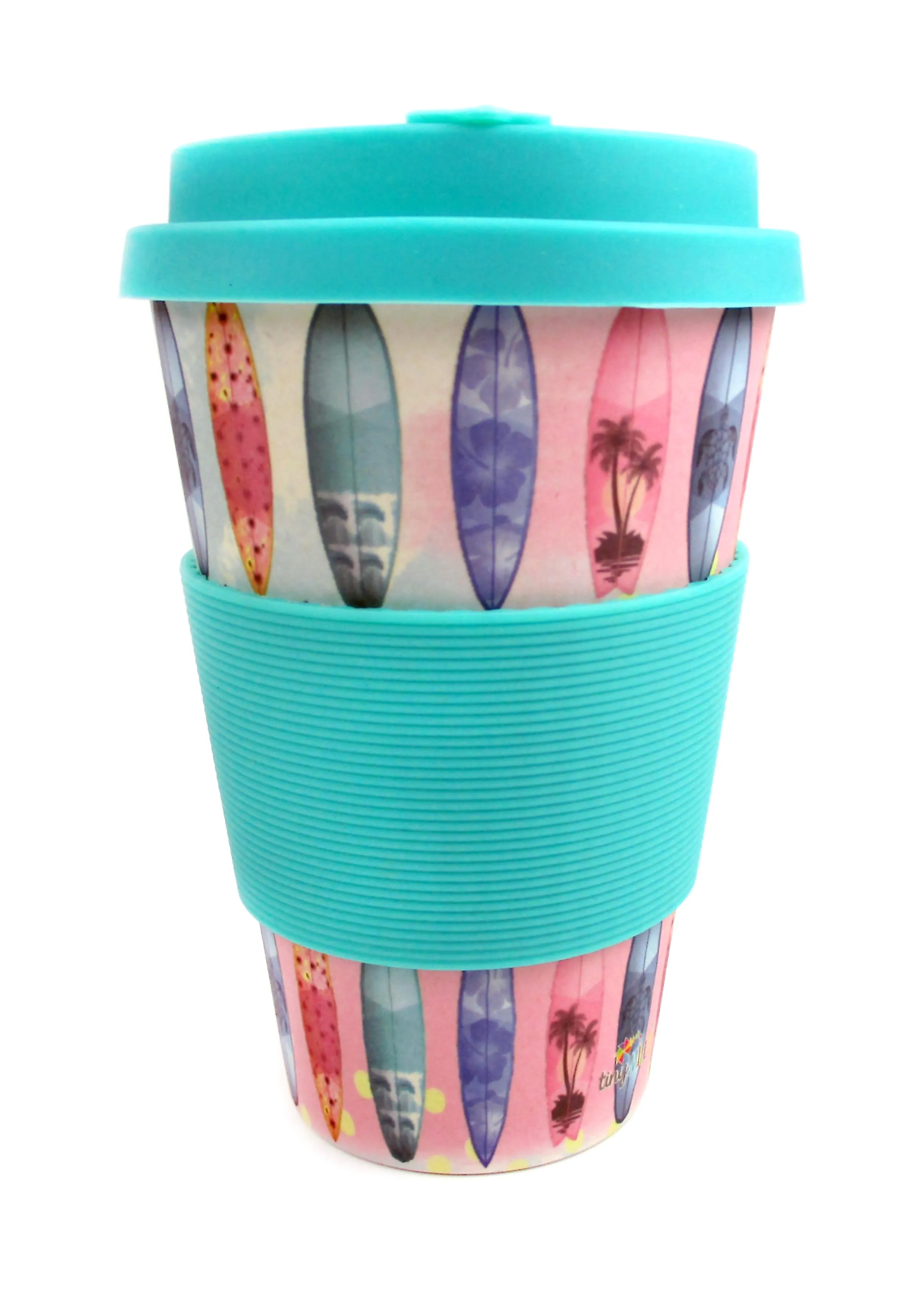 Eco-Friendly Reusable Plant Fiber Travel Mug with Sunset Surfboard Design