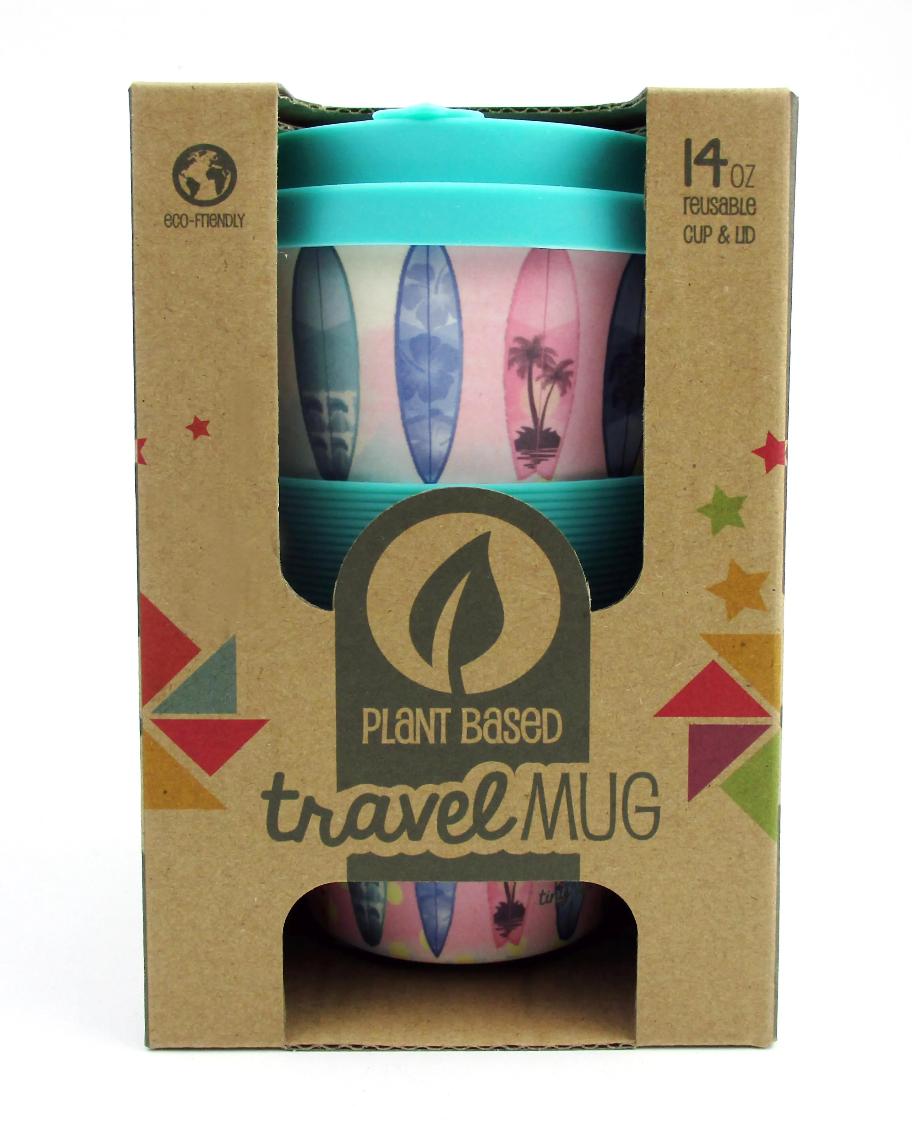 Eco-Friendly Reusable Plant Fiber Travel Mug with Sunset Surfboard Design