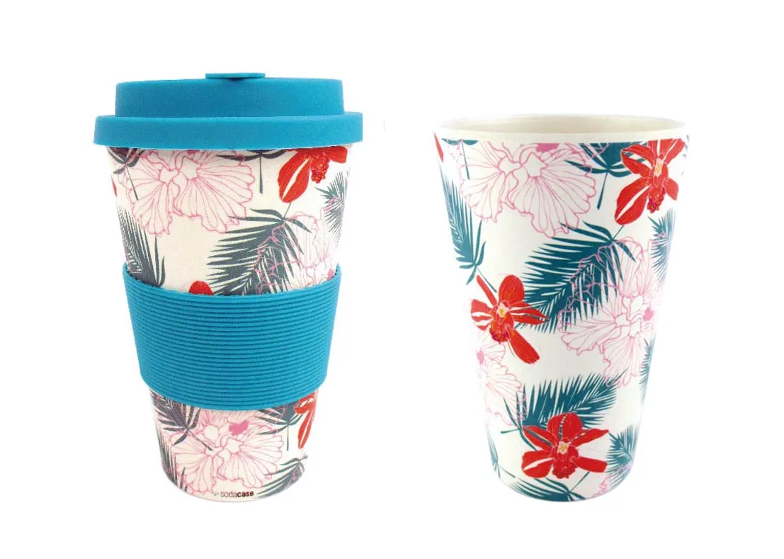 Eco-Friendly Reusable Plant Fiber Travel Mug with Tropical Paradise Design