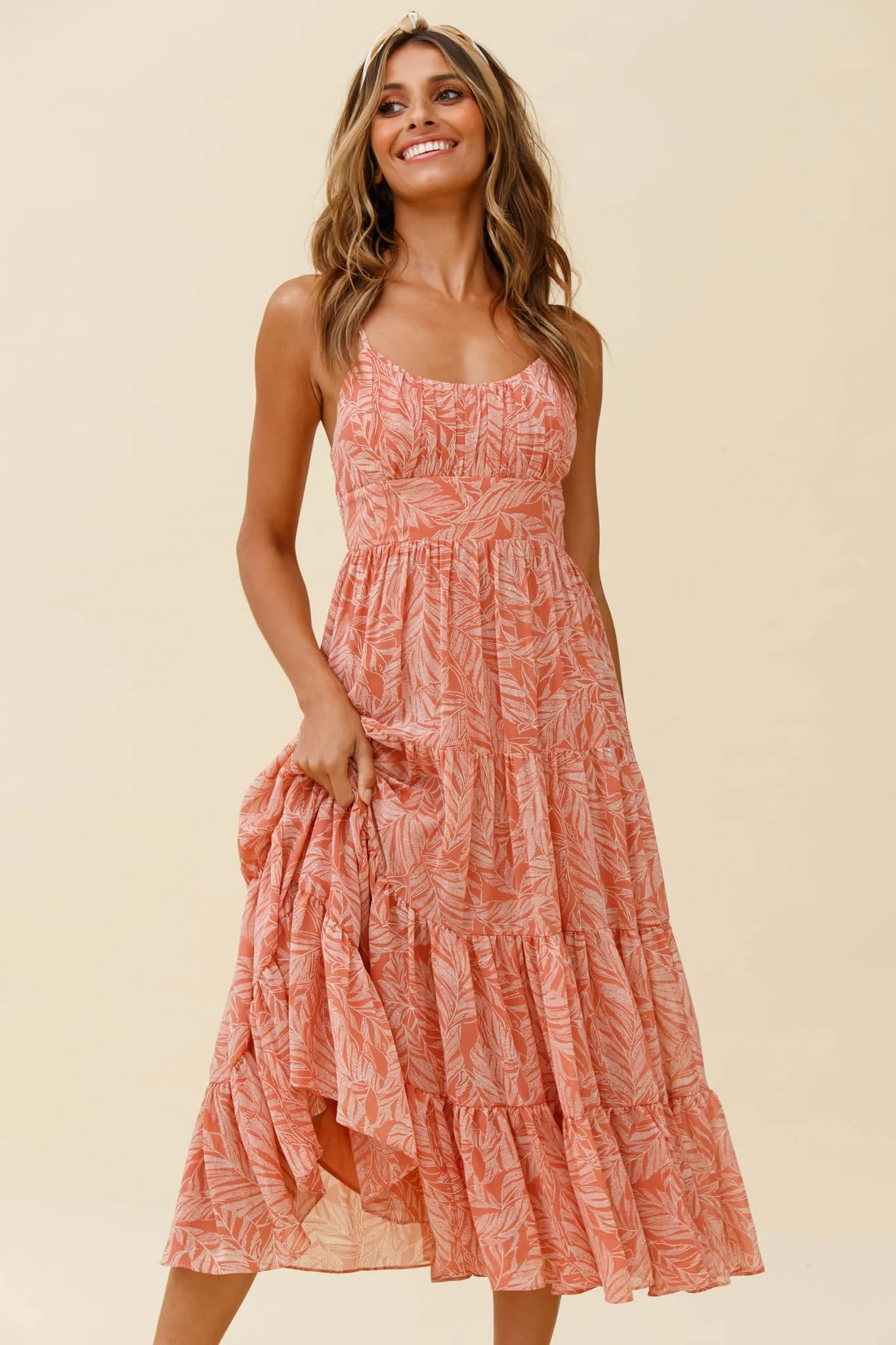 Eternal Sunshine Gathered Bust Maxi Dress Leaf Print Pink