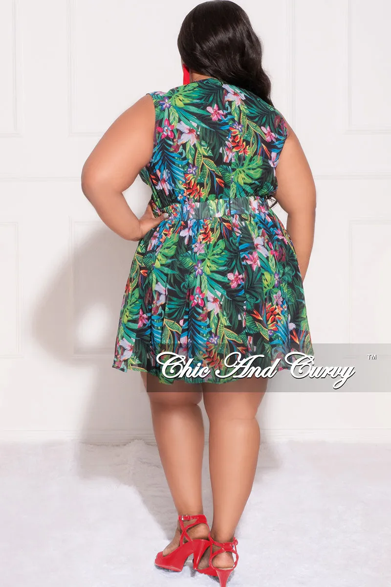 Final Sale Plus Size Sleeveless Deep V BabyDoll Dress with Front Cutouts in Green Multi Color Floral Print