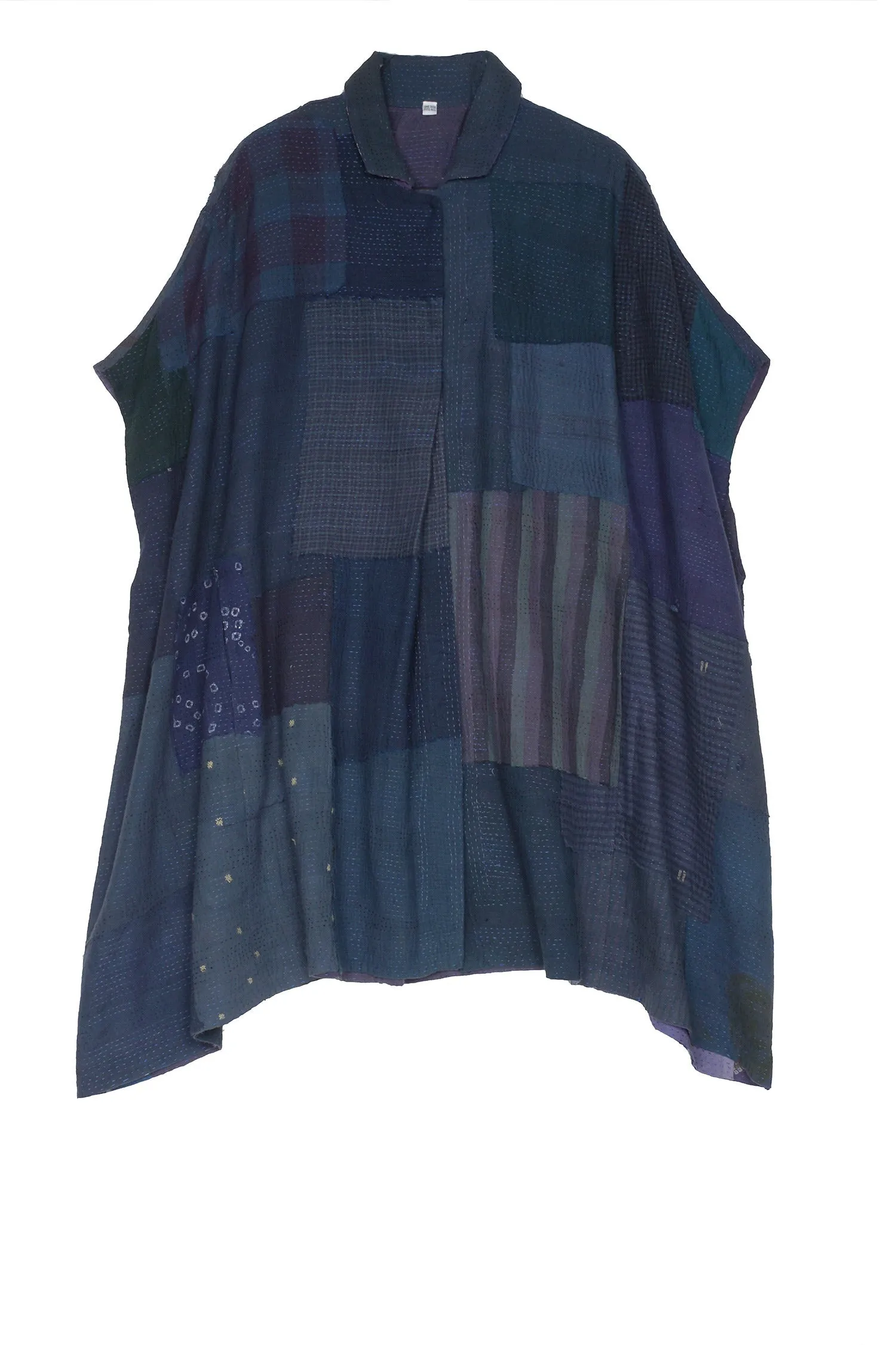 FRAYED PATCH KANTHA SHIRT PONCHO - fi2545-nvy -