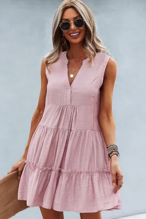 Frill Trim Notched Sleeveless Tiered Dress