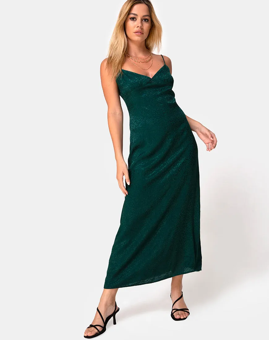 Gaela Slip Dress in Satin Cheetah Forest Green