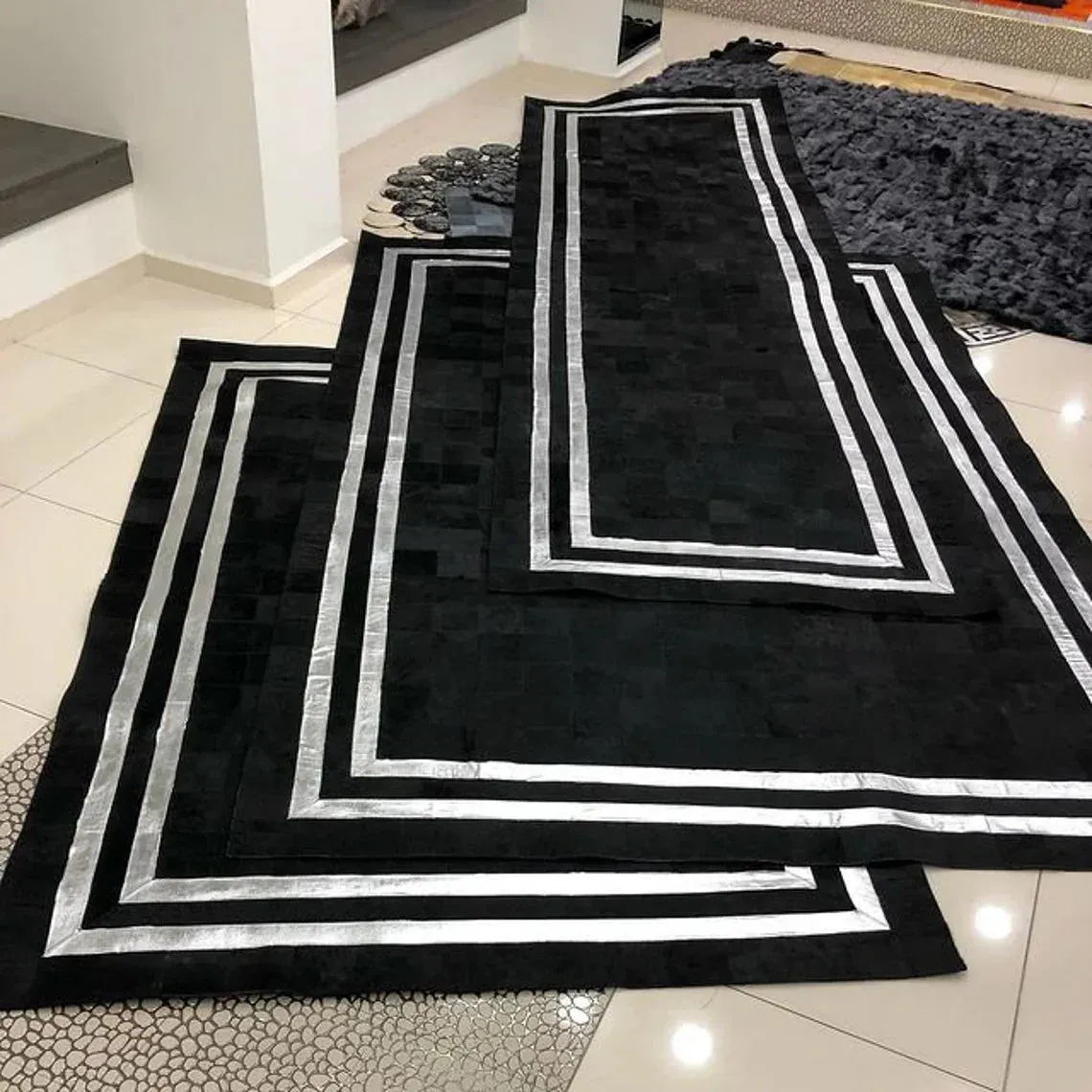 Genuine Handmade Black And Silver Rugs , Luxury Non Slip Leather Rugs