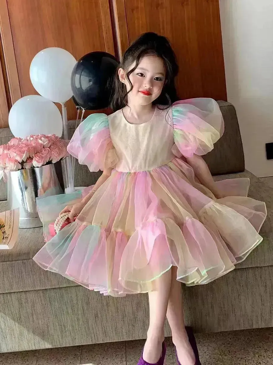 Girls Princess Mesh Puff Sleeve Dress Princess gown for kids