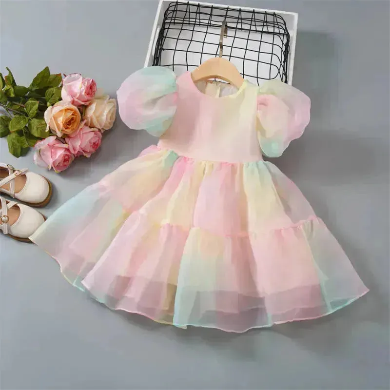 Girls Princess Mesh Puff Sleeve Dress Princess gown for kids