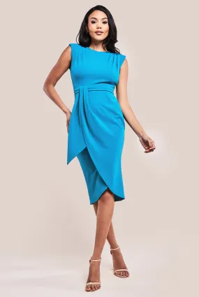 Goddiva Sleeveless Asymmetric Wrap Midi Dress - Teal Blue