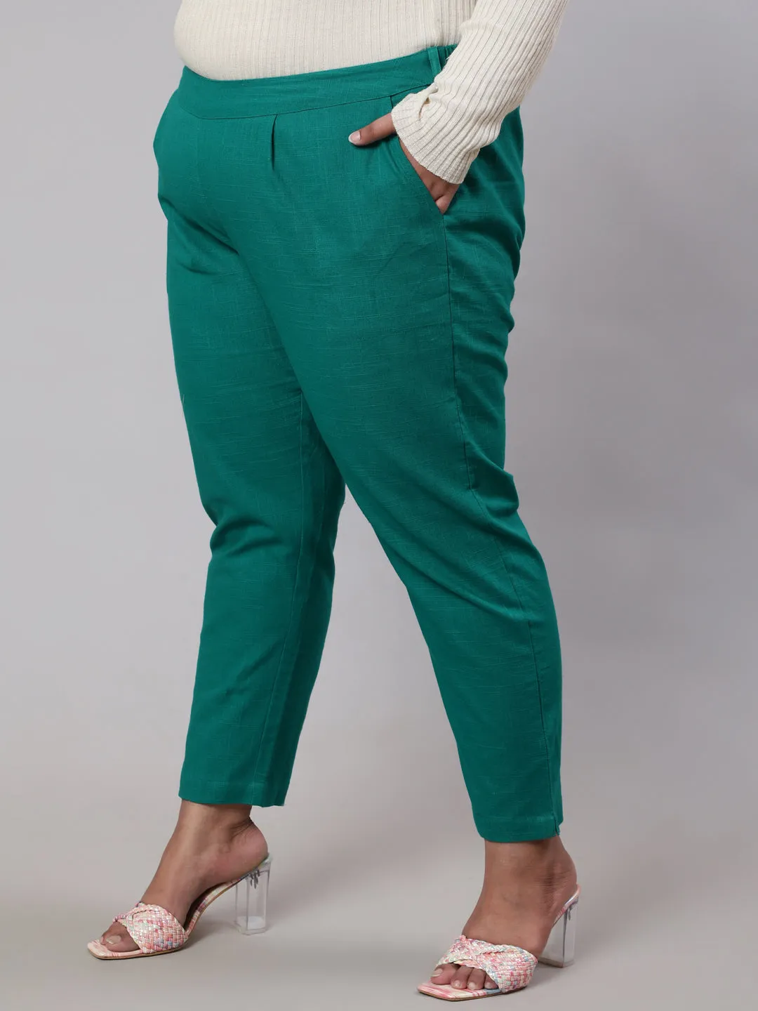 Grass Green Plus Size Cotton Slub Pants