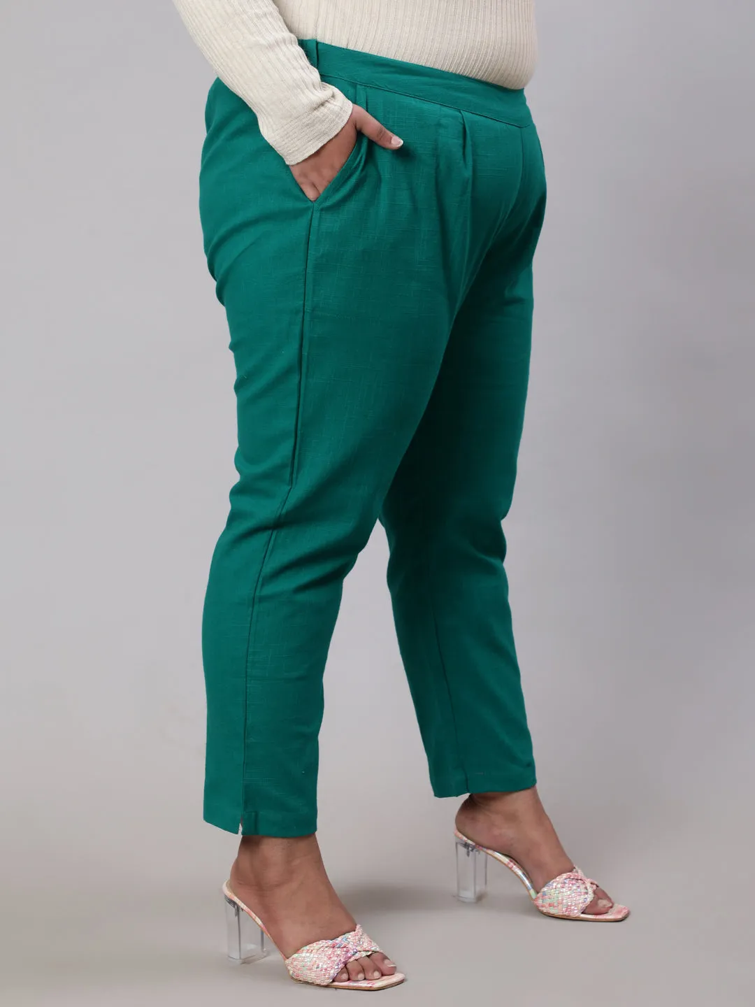 Grass Green Plus Size Cotton Slub Pants