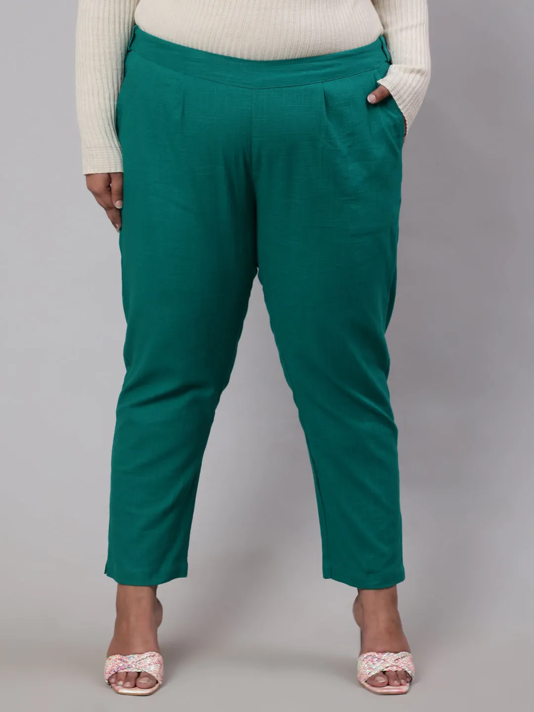 Grass Green Plus Size Cotton Slub Pants